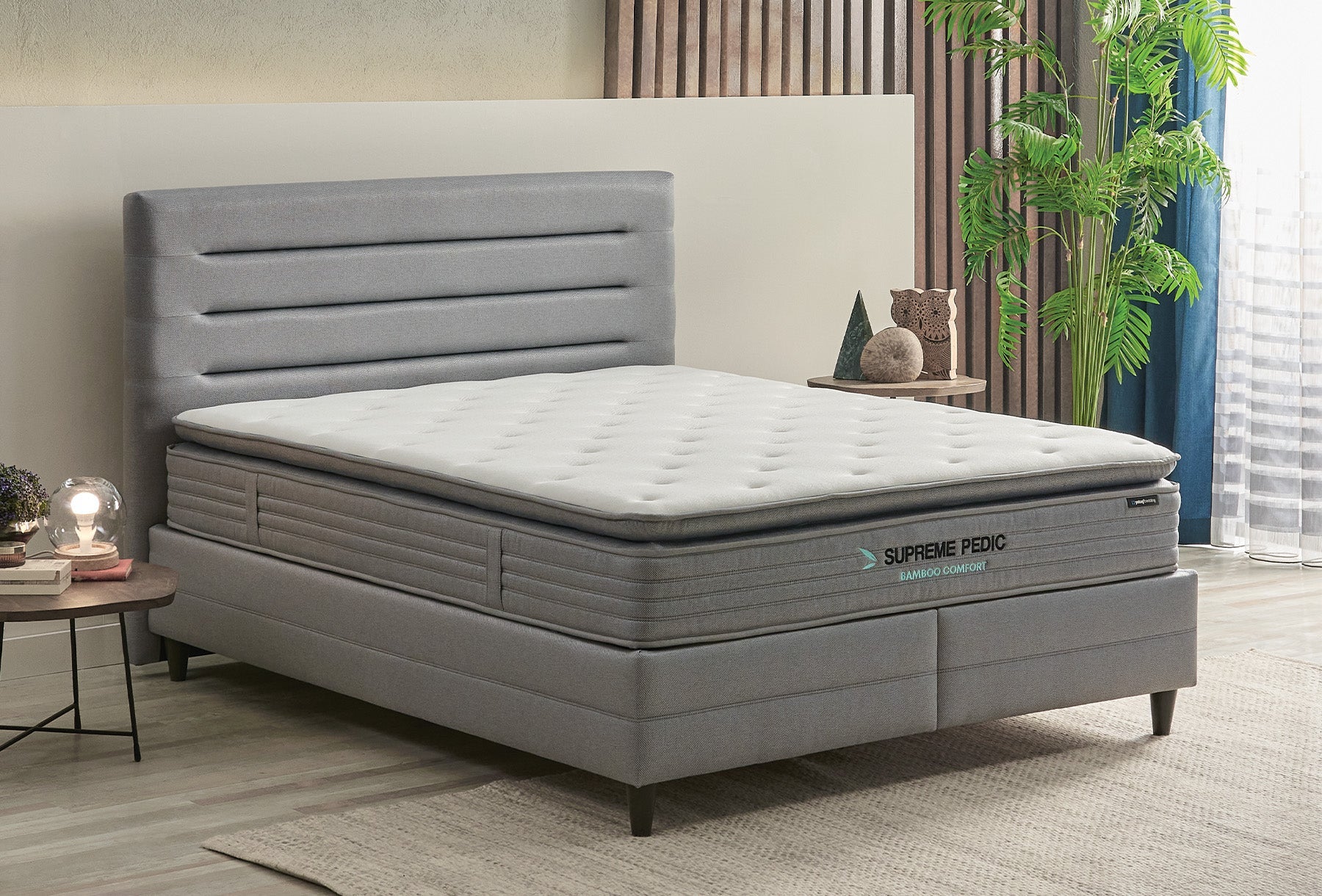 Тапицирано легло «Supreme Pedic» + Матрак и табла - с място за съхранение, матрак с бамбукови влакна