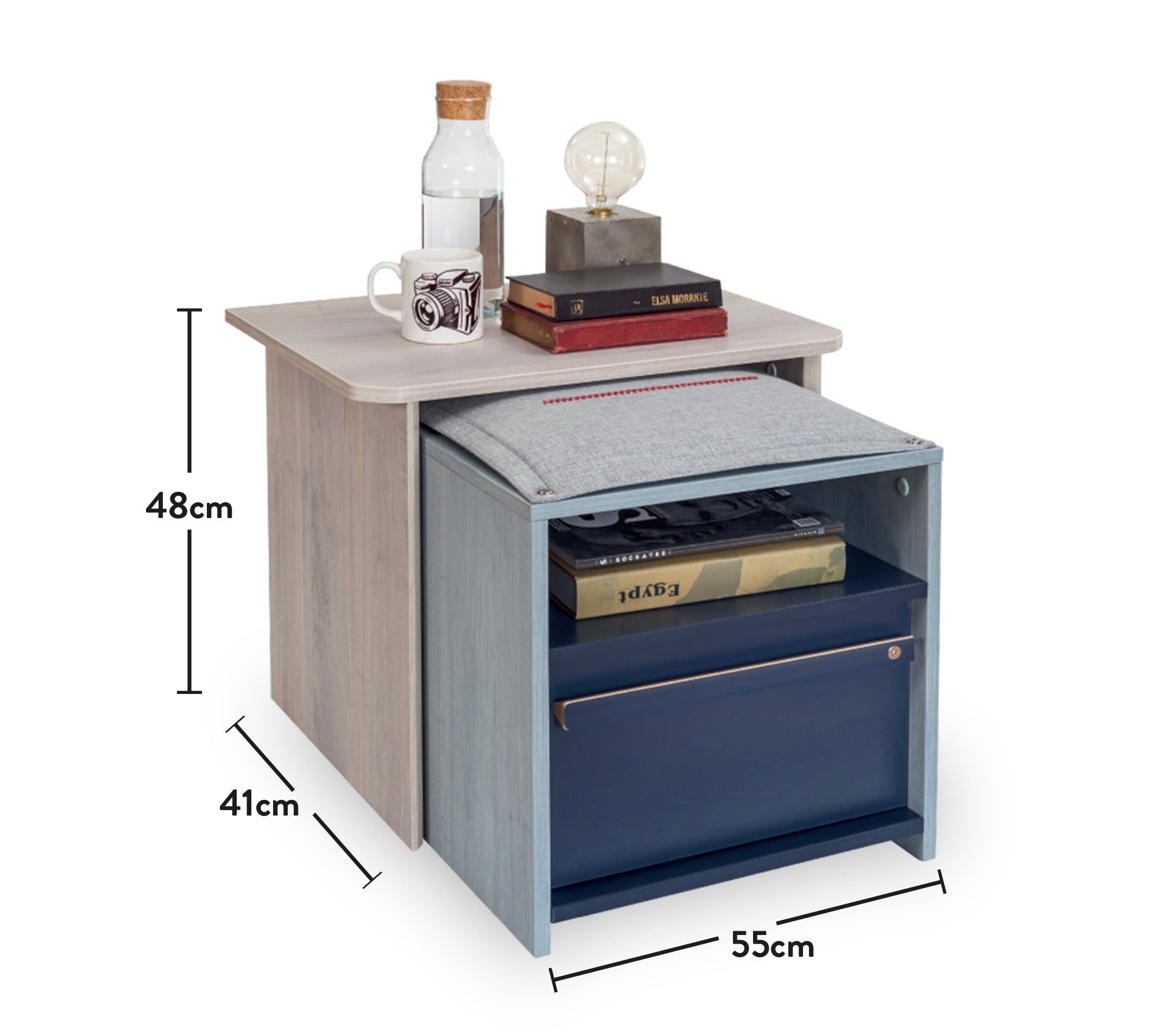 Нощно шкафче «Trio» + издърпваща се табуретка с чекмедже, размер 55х48х41см