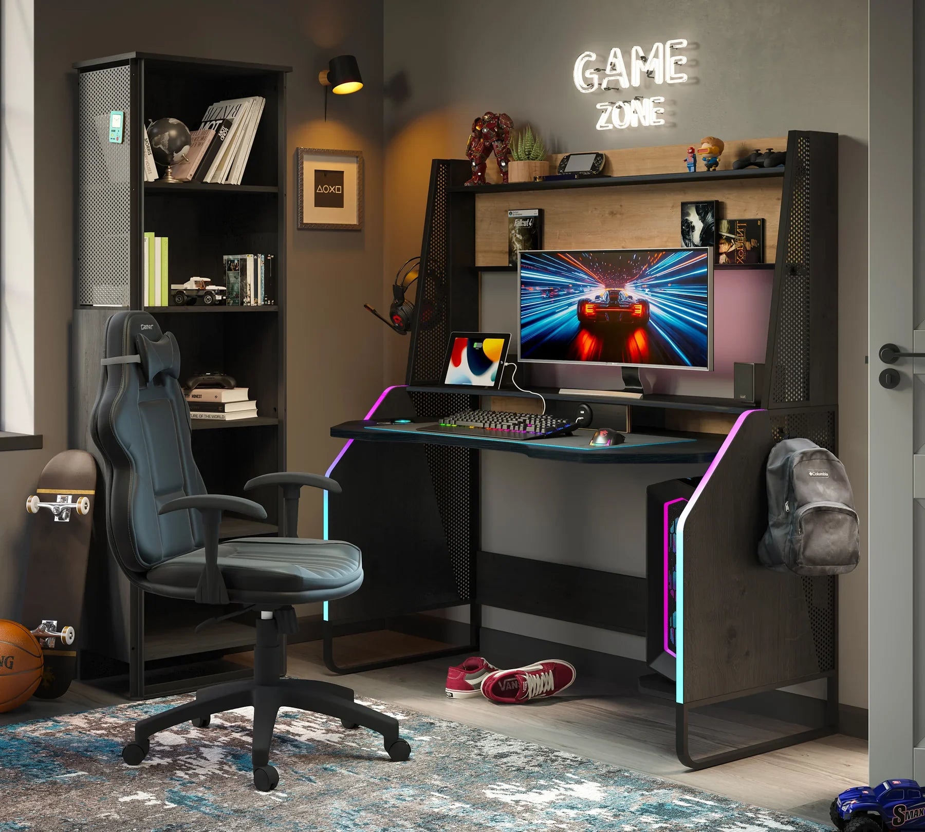 Геймърско бюро «Black 2» с USB зарядна станция, размер 142x154x72