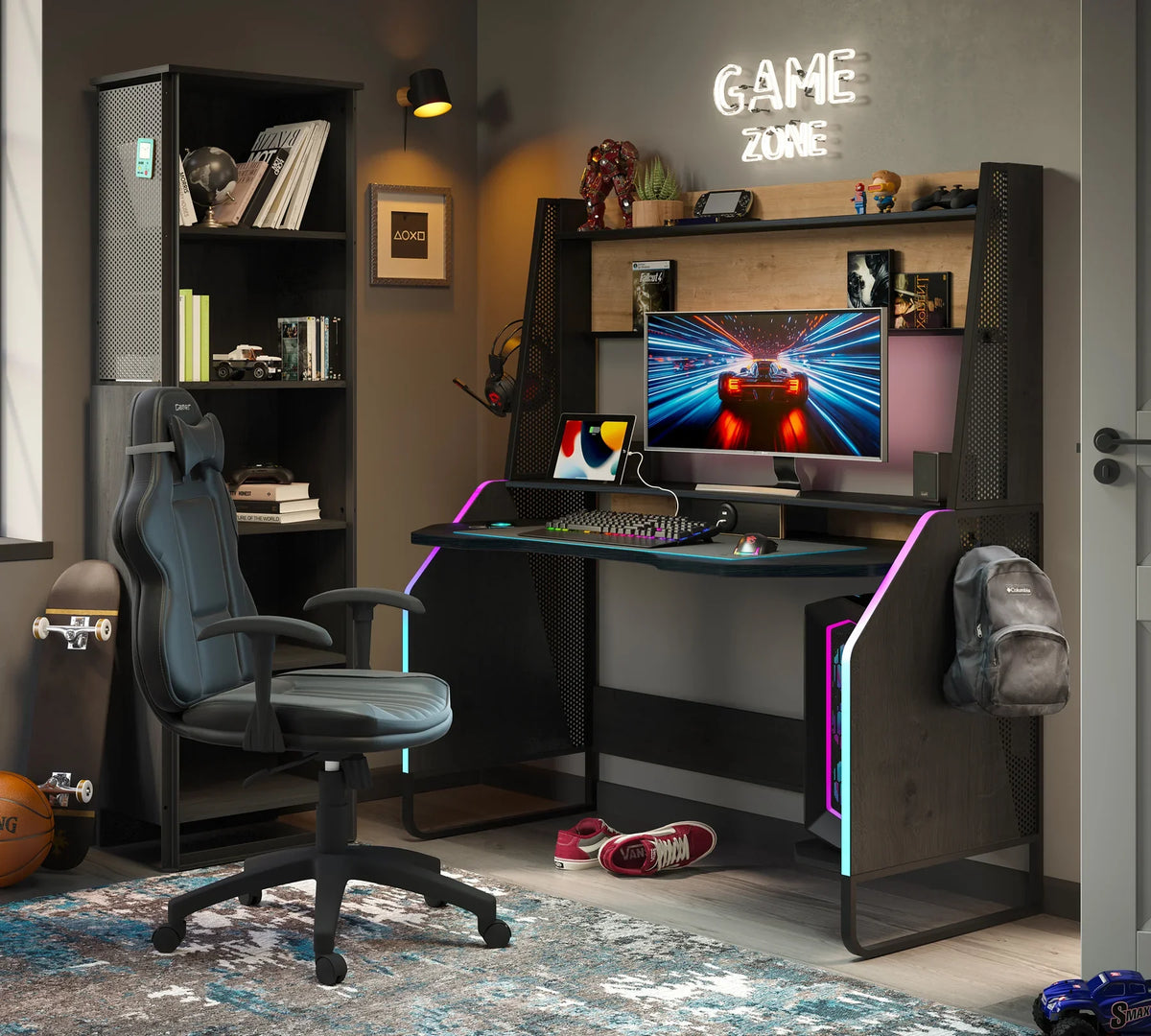 Геймърско бюро «Black 2» с USB зарядна станция, размер 142x154x72