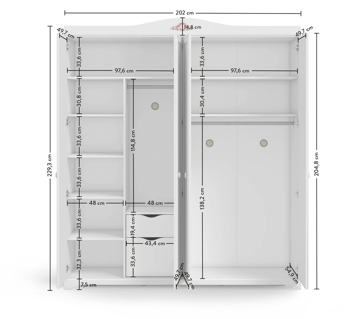 Четирикрилен гардероб «Rustic White» - ширина 202см