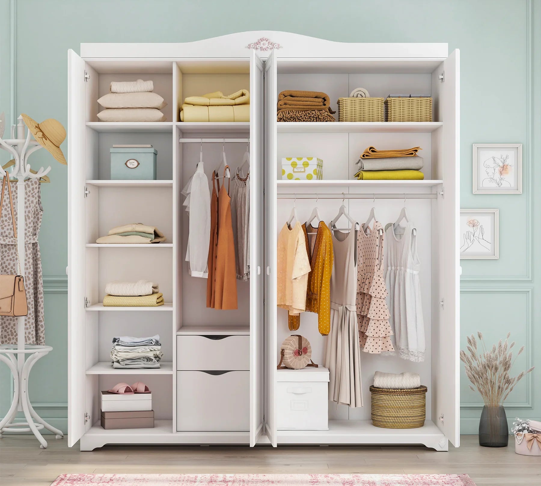 Четирикрилен гардероб «Rustic White» - ширина 202см