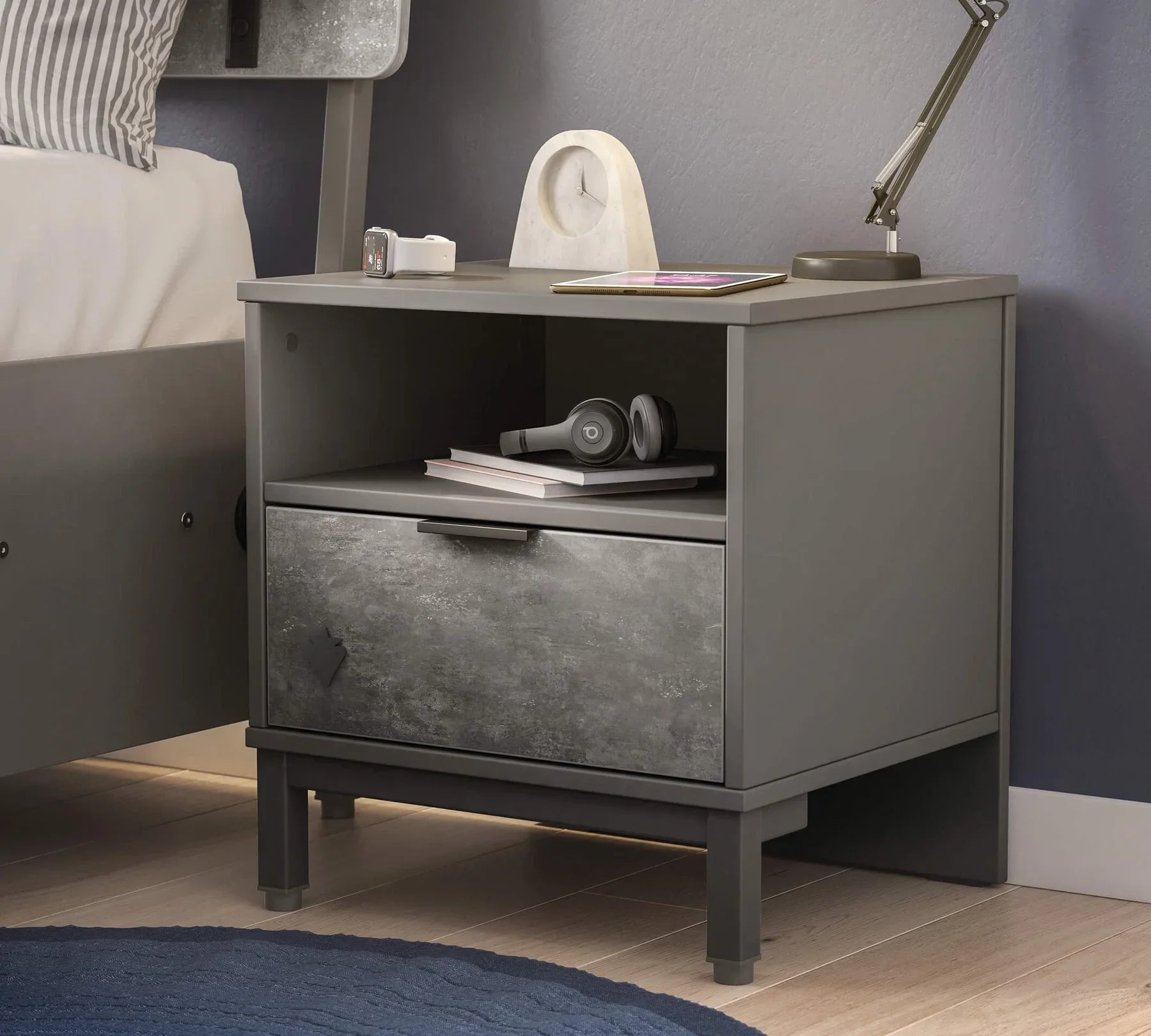 Нощно шкафче «Space Gray» + чекмедже и рафт, размер 47х50х43см