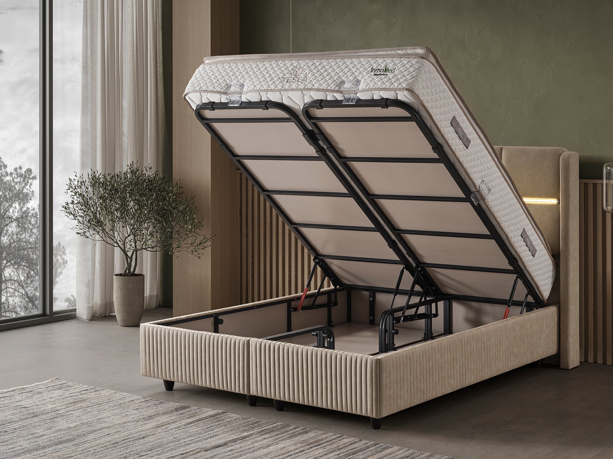 Тапицирано легло «Tesla» + Матрак и табла - с място за съхранение, с LED осветление