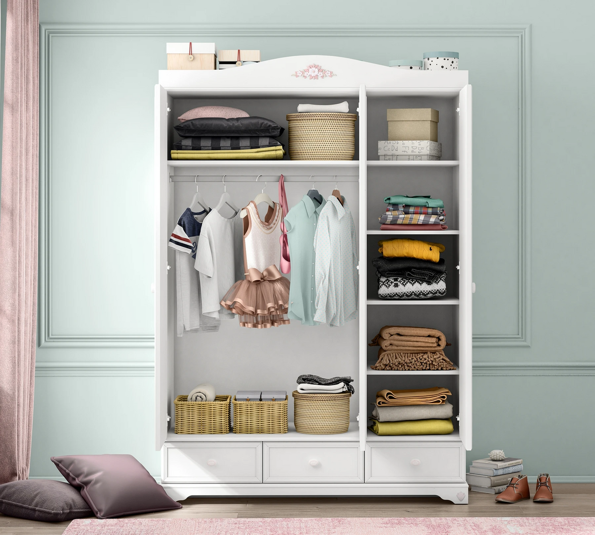 Трикрилен гардероб «Rustic White» с огледална врата, ширина 140см