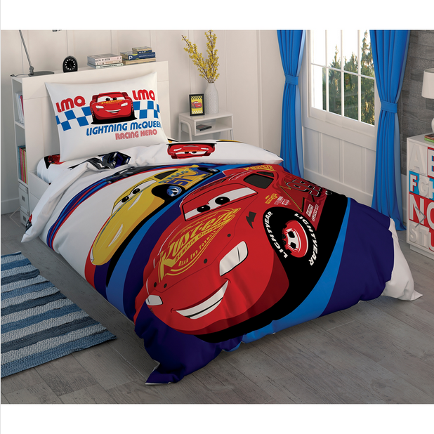 Детски спален комплект «Disney Cars Race» - 3 части, памук, ранфорс, чаршаф с ластик