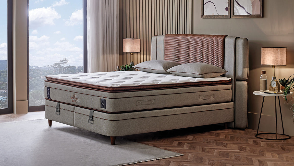 Тапицирано легло «Bamboo Pedic» + Матрак и табла - с място за съхранение, матрак с бамбукови влакна, с микрокапсули