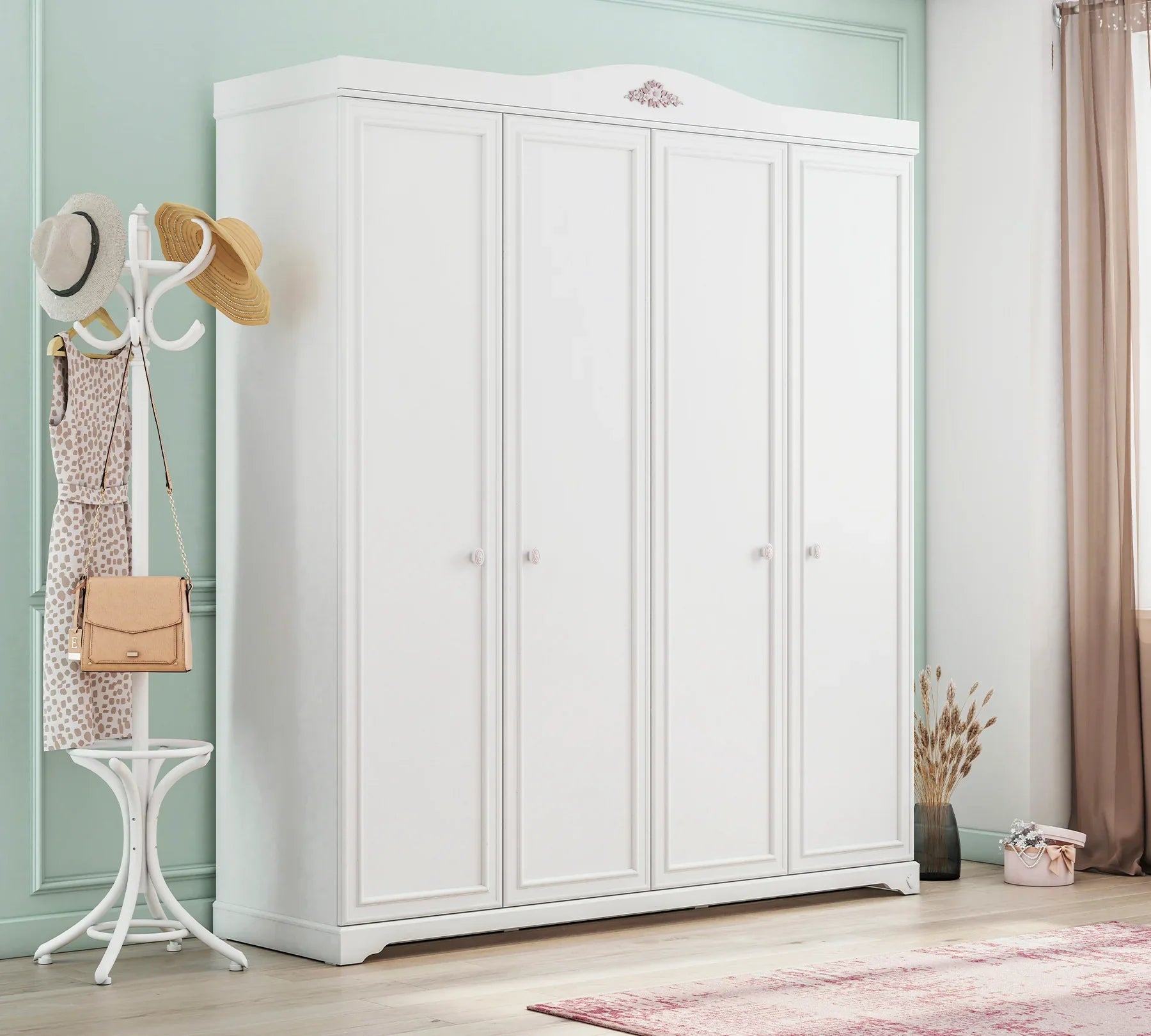 Четирикрилен гардероб «Rustic White» - ширина 202см