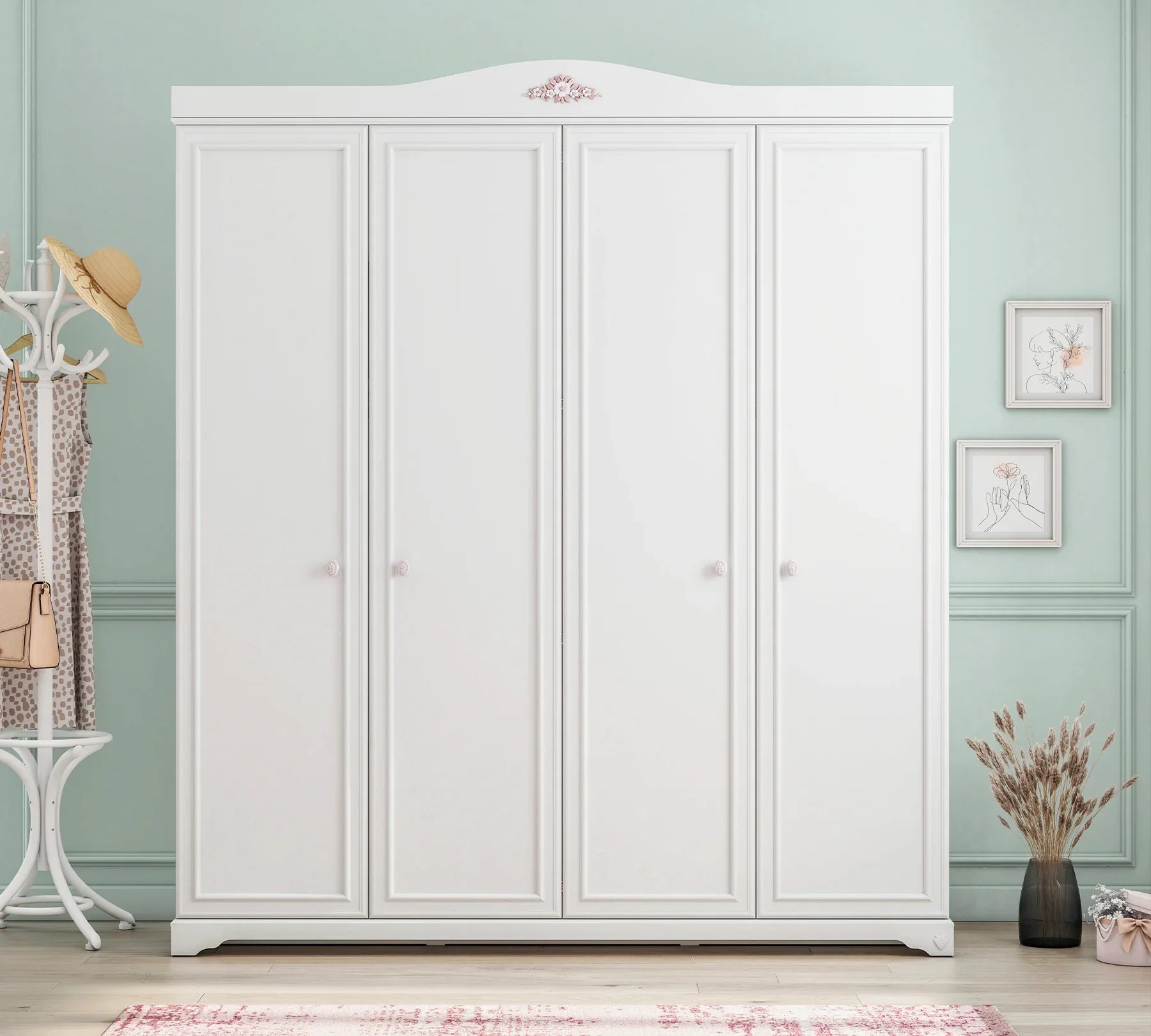 Четирикрилен гардероб «Rustic White» - ширина 202см