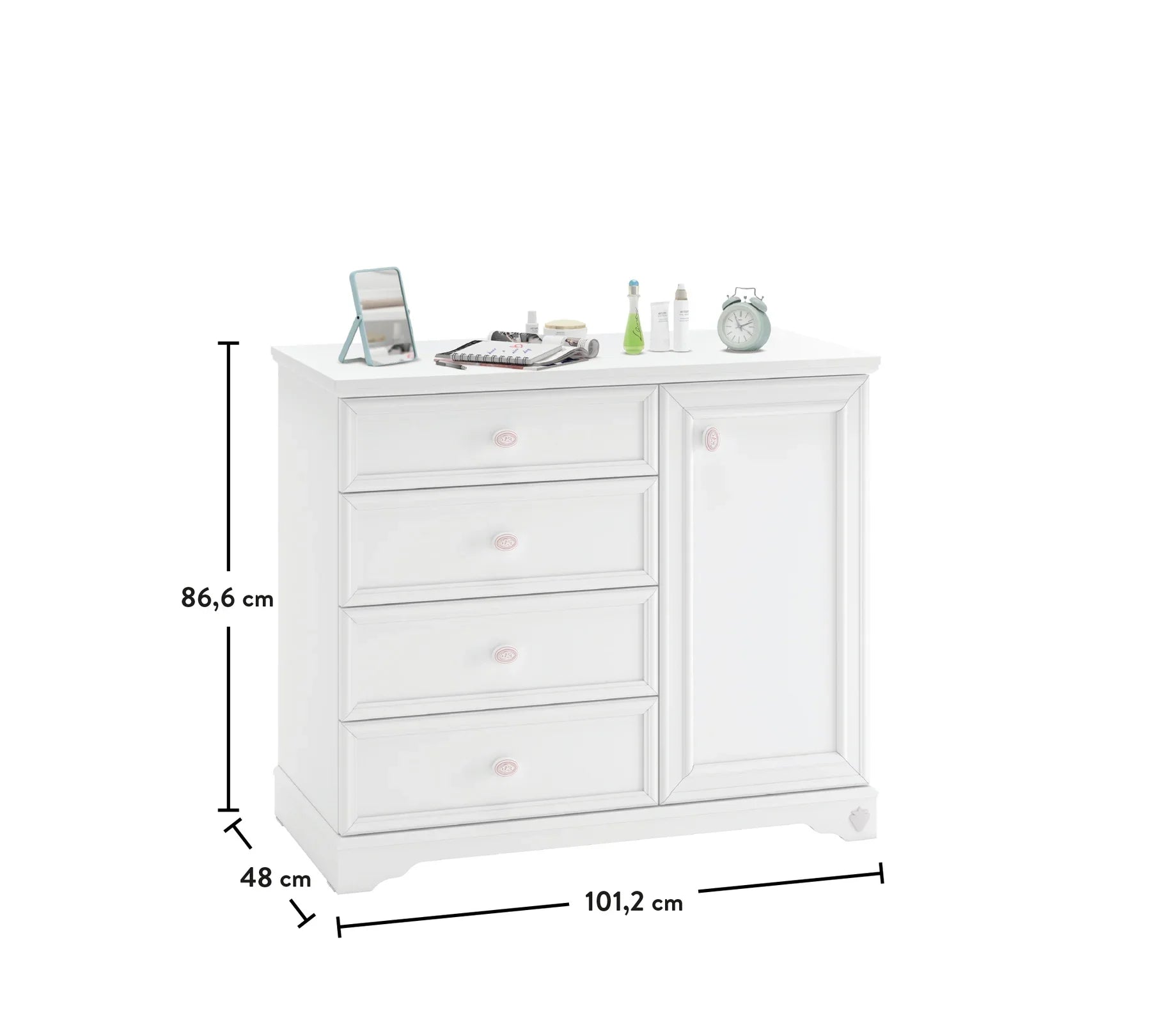 Скрин «Rustic White» с четири чекмеджета и шкаф, размер 101х86х48см