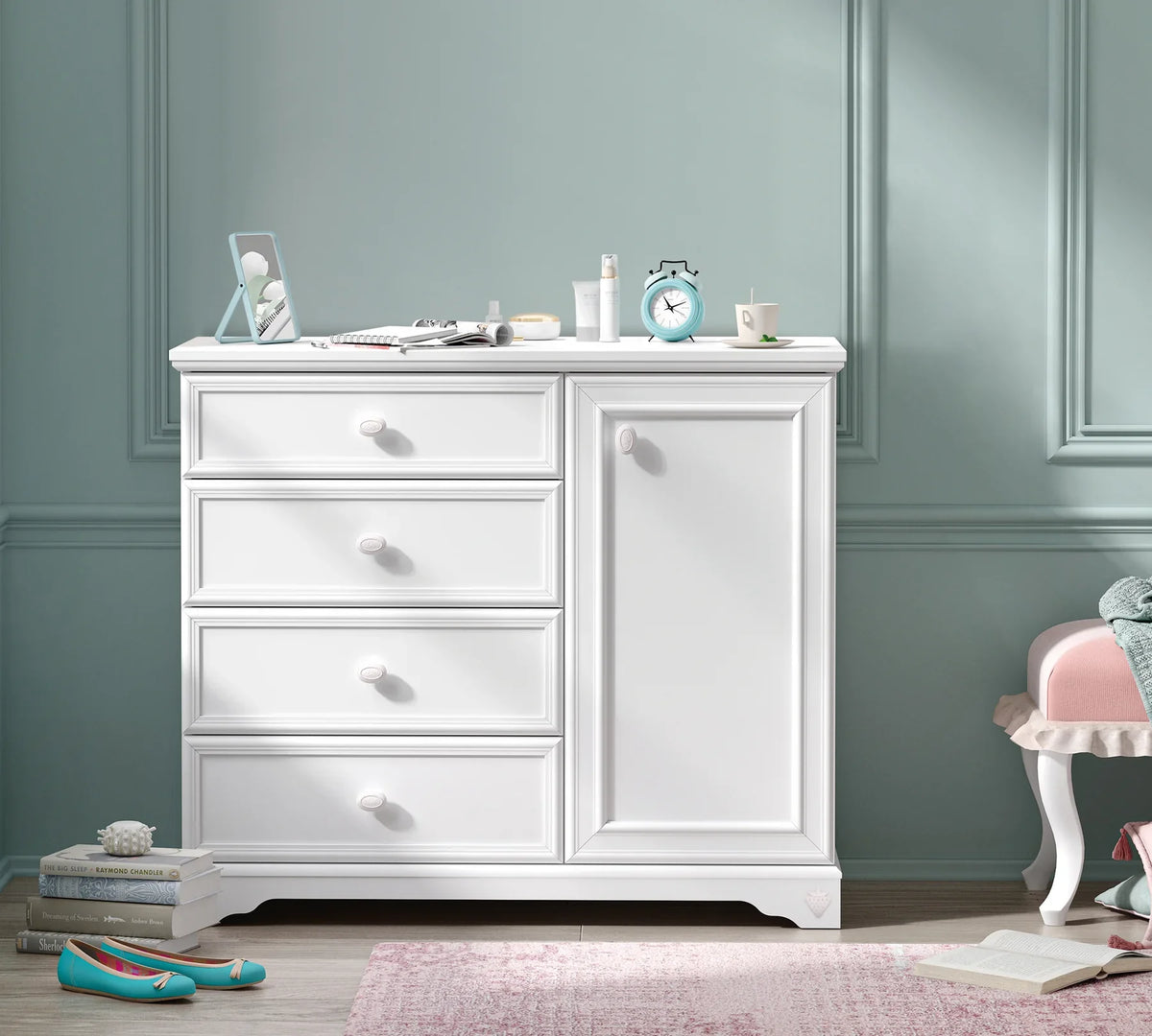 Скрин «Rustic White» с четири чекмеджета и шкаф, размер 101х86х48см