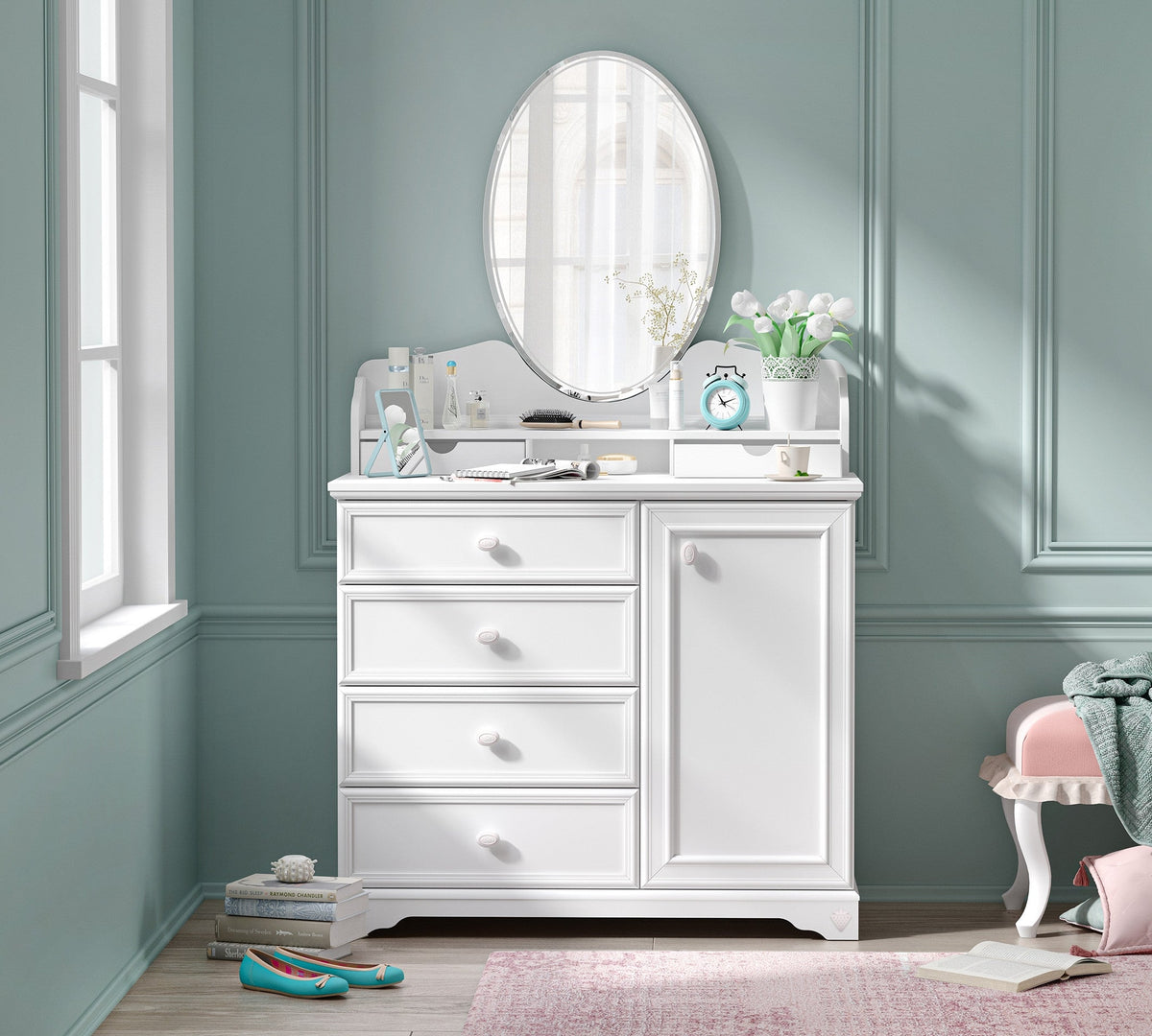 Огледало за скрин «Rustic White» + чекмеджета и рафтчета, размер 98х84х19см