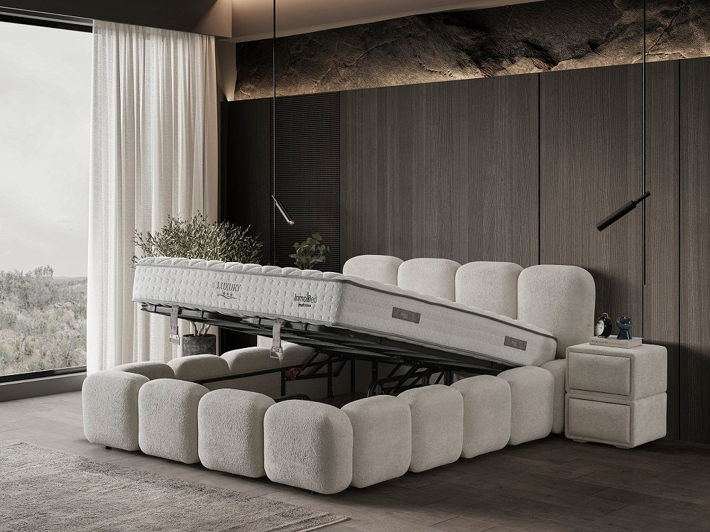 Тапицирано легло «Luxury» + Матрак и табла - с място за съхранение, повдигащ механизъм, система за безшумно затваряне