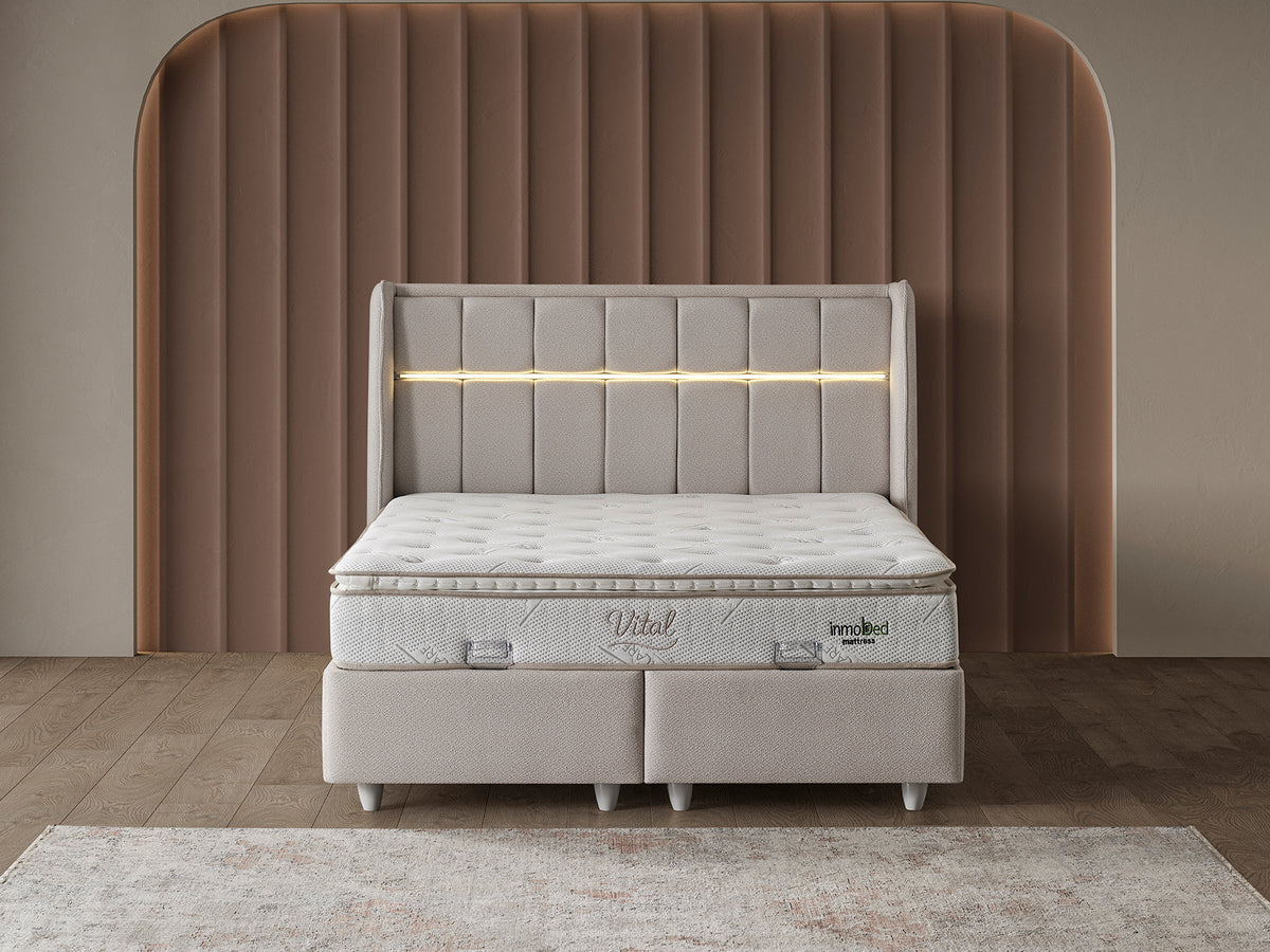 Тапицирано легло «Vital» + Матрак и табла - с място за съхранение, повдигащ механизъм, система за безшумно затваряне