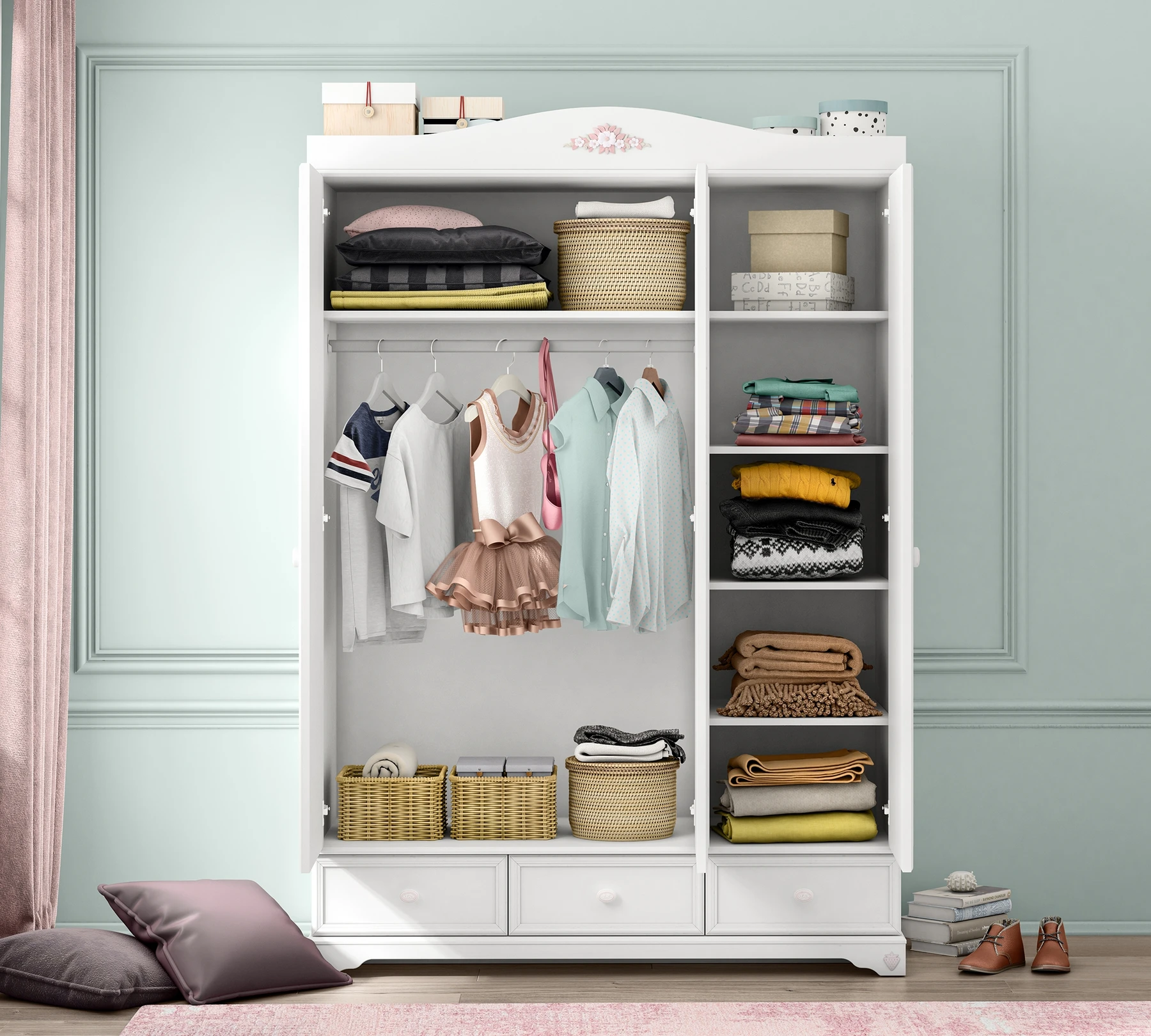 Трикрилен гардероб «Rustic White» с огледална врата, ширина 140см