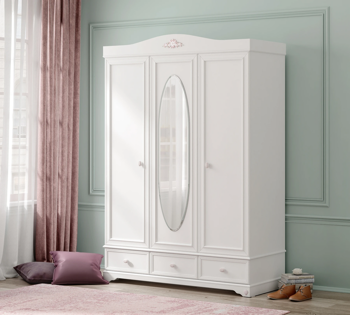 Трикрилен гардероб «Rustic White» с огледална врата, ширина 140см